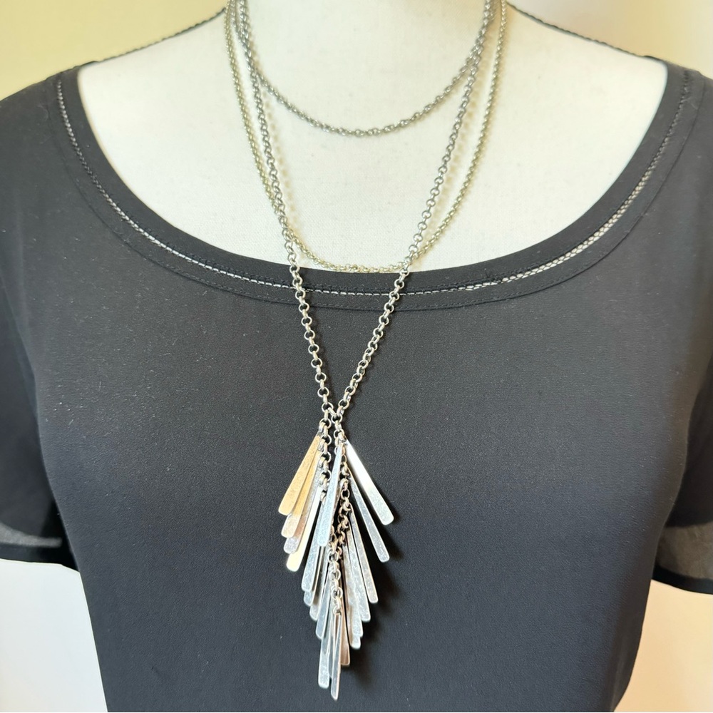 Lucky Brand Silver Tone Paddle Bead Cluster Pendant Necklace Triple Strand Boho